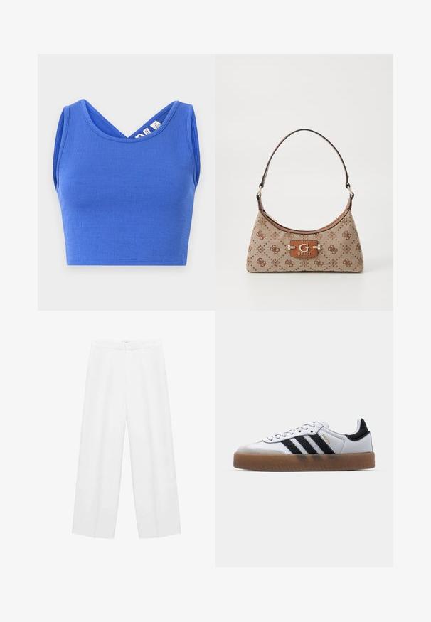 Top corto azul de tirantes, hecho de un material texturizado. Presenta un diseño de escote en V y un corte sin mangas con una silueta ajustada.; Pantalones blancos de pierna ancha con una textura suave, que cuentan con una cintura alta y dos bolsillos laterales. Diseño simple sin patrones visibles.; Zapatillas de cuero blancas con rayas negras, suela de goma, puntera redonda, cierre de cordones y caperuza de ante gris suave.; Bolso tote de tela color beige con acentos de patrón marrón. Presenta una forma curva, una correa única y una placa de logo en la parte delantera con herrajes plateados.