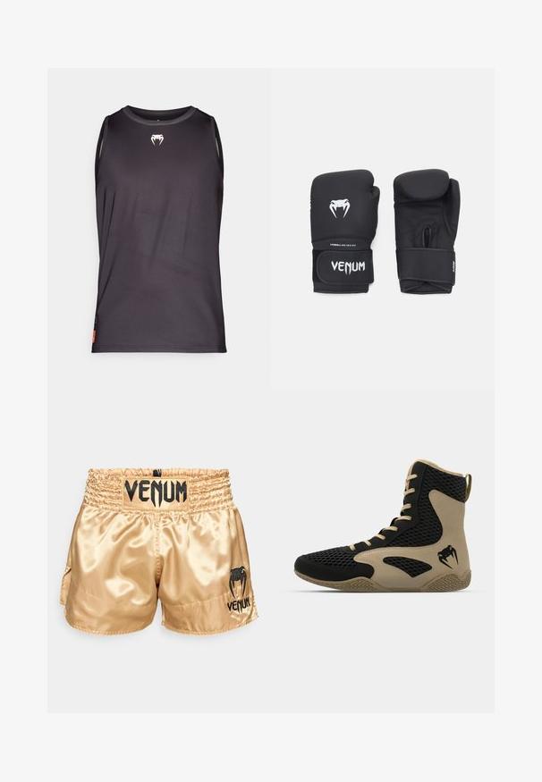 Schwarzes ärmelloses Sporttanktop aus glattem, leichtem Material. Verfügt über ein kleines weißes Logo auf der Brust und Akzente an den Seitenpanels.; Goldene Satin-Boxershorts mit schwarzem "VENUM"-Logo am Bund und an der Seite, mit einer glatten Textur und elastischem Bund für maximalen Komfort.; Hochschuh mit schwarzem Mesh-Obermaterial und beigen Akzenten. Strukturiertem Gummisohle und Logodetail an der Seite.; Schwarze Boxhandschuhe mit glatter Oberfläche, ausgestattet mit einem weißen Venom-Logo und einem verstellbaren Klettverschluss für einen sicheren Sitz.