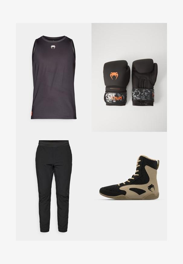 Black sleeveless athletic tank top made of smooth, lightweight fabric. Features a small white logo on the chest and side panel accents.; Black stretch pants with a fitted design, elastic waistband, and zippered pockets. Smooth texture with a slightly shiny finish.; High-top athletic shoe featuring a black mesh exterior with beige accents. Textured rubber sole and logo detail on the side.; Black boxing gloves with a matte finish and ergonomic design. Orange logo detailing and camouflage-patterned wrist straps.