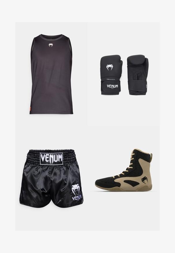 Musthave mustata pihavaba hõlmadega must sporditopp, mis on valmistatud siledast ja kergest kangast. Rinnal on väike valge logo ja külge on lisatud aktsente.; Must musta boxing püksid elastse vöökohtaga; vasakul jalal valge logo ja mao disain. Sile tekstuur.; Korkeatoimelise spordijalanõud musta võrkmaterjaliga, millel on beežid accentsid. Tekstureeritud kummist tallad ja logodetail küljepeal.; Mustad musta värvi poksikindad, millel on sile tekstuur, valge Venomi logo ja reguleeritav takjakinnitus, mis tagab kindla istuvuse.