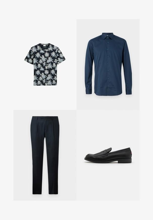 Kortärmad marinblå t-shirt med ett mönster av vita och ljusblå palmträd. Gjord av mjukt tyg med rund hals och avslappnad passform.; Mörkblå långärmad knäppskjorta tillverkad av ett slätt tyg. Har en standardkrage, framknäppning med matchande knappar och manschetter.; Svarta skräddarsydda byxor i mjukt tyg, med en slim fit-design, två främre veck och en flat midja utan synlig hårdvara.; Svarta läderloafers med en slät finish, rund tå och en liten dekorativ flik. Har en låg staplad klack och subtilt varumärkesdetalj.