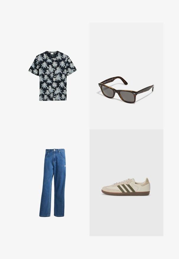 Lühikeste varrukatega tumesinine T-särk, millel on valge ja helesinine palmipuu muster. Valmistatud pehmest kangast, ümmarguse kaelusega ja mugava lõikega.; Sinine kõrge vöökohaga avar jakkidega teksapükse, millel on ees taskud, vöökoharingid, nupuga sulgemine ja väike Adidas'i logo paremal reiel.; adidas Originals SAMBA OG UNISEX - Tossud - alumina/medium dark khaki/gum; Kilpkonnakujulised prillid hallide objektiivide ja ruudukujulise raamiga, millel on metallaktsendid templitel ja logo kujunduses.; Valge pärlkaelakee, millel on ühtlane ümar kuju, sile pind ja metallist kinnitusbüts koos pikendusahelaga reguleeritava pikkuse jaoks.
