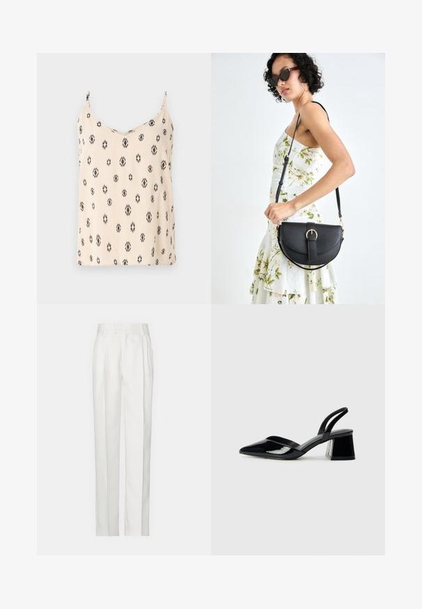 Tejkrém színű pántos top fekete geometrikus mintákkal, puha anyagból, állítható spagetti pántokkal és V-nyakkivágással.; Fehér csíkozott nadrág, egyenes lábformával, könnyű anyagból készült. Elöl plisszírozott rész és hagyományos derékszíj jellemzi.; Fekete lakk bőr szandálkés magas sarkú cipő, hegyes orral és geometrikus tömbsarkakkal. Karcsú, minimalista dizájn és sima textúra jellemzi.; Fekete bőrtáska ívelt formával, levehető pánttal és arany színű fémrészekkel. A táskán egy csattal díszített fedél található.