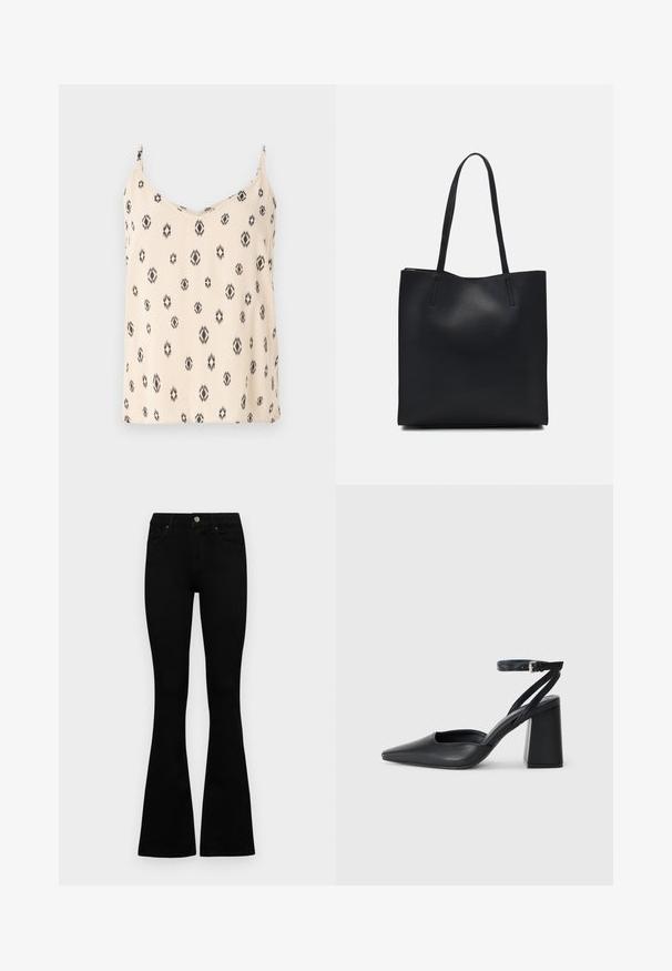 Cream tank top with black geometric patterns, soft fabric, adjustable spaghetti straps, and a V-neckline.; Black high-waist jeans with a button and zip closure, front pockets, and flared legs laid flat on a white background.; Black leather pointy-toe pump with an ankle strap and a chunky heel. Flat texture, sleek design, and minimalistic aesthetics.; Black leather tote bag with smooth texture, rectangular shape, and two long handles. No visible hardware or embellishments.