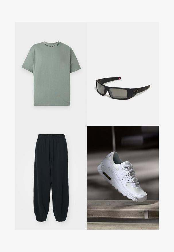 Ανοιχτό πράσινο κοντομάνικο T-shirt Nike με στρογγυλή λαιμόκοψη και μαύρο κείμενο "NIKE" κοντά στη λαιμόκοψη, σε απλή λευκή πλατφόρμα.; Μαύρες, φόρμες με ελαστική μέση και χαλαρή εφαρμογή, με ρεβέρ στους αστραγάλους, λεία υφή και χωρίς ορατά μοτίβα ή αξεσουάρ.; Λευκό αθλητικό παπούτσι Nike Air Max 90 με άνω μέρος από διχτυωτό και δερμάτινο υλικό, τρυπητό μπροστινό μέρος και ορατή μονάδα αέρα στη φτέρνα.; Μαύρα γυαλιά ηλίου με ματ φινίρισμα, ορθογώνιους φακούς, ελαφριά καμπύλη στους βραχίονες, διακριτική λεπτομέρεια λογότυπου και φακούς με καπνιστό τόνισμα.
