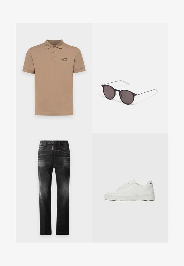 EA7 Emporio Armani TRAIN CORE - Piké - portabella; Svarta denimjeans med rak passform. Har blekta områden, mindre slitningar, klassisk femficksdesign och knäppning med knapp.; Vita lädersneakers med en jämn yta, rund tå, platta snörningar och en strukturerad sula. Har en diskret logotyp på hälen.; Svarta runda solglasögon med mörka linser och smala metallarmar. Inkluderar klara tempeltips och silverdetaljer vid gångjärnet. Minimalistisk design.