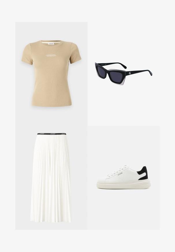 T-shirt beige de mangas curtas com decote redondo e o logótipo "guess jeans" em branco na parte da frente. Textura de tecido suave.; Saia plissada branca com uma cintura elástica preta que apresenta o logótipo "LACOSTE". Design de comprimento médio com textura suave.; Sapatilhas brancas de couro com uma sola branca espessa, detalhe em camurça preta no calcanhar e logótipo em relevo na lateral. Design com atacadores e seis ilhós.; Óculos de sol oversized pretos com forma geométrica, apresentando lentes escuras e um detalhe cinza em contraste na armação. Logotipo na haste.
