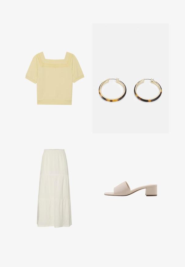 Short-sleeve, square-neck top in light yellow cotton, featuring a textured knit detail along the neckline and a relaxed fit.; White, tiered maxi skirt made of lightweight, textured fabric with an elastic waistband. Features three distinct fabric sections.; Beige block-heeled sandal with a wide strap and open toe. Smooth material and sleek design. Short, sturdy heel for stability.; Gold-tone hoop earrings with a tortoiseshell-patterned resin outer edge, featuring a smooth finish and a sleek, circular shape.