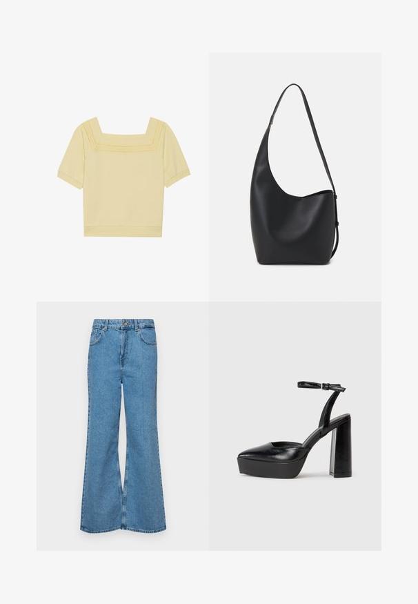 Top de manga corta y cuello cuadrado en algodón amarilllo claro, con un detalle de tejido texturizado en el escote y un corte relajado.; Jeans acampanados de color azul claro hechos de denim, con una cintura alta, cinco bolsillos y un cierre de botón. Textura suave con acabado desgastado.; Zapatos de tacón negro con punta afilada y correa ajustable en el tobillo. Confeccionados en cuero suave, presentan un tacón grueso.; Bolso tipo hobo de cuero negro con una textura suave, forma curvada y una sola correa ajustable; presenta una amplia apertura en la parte superior.