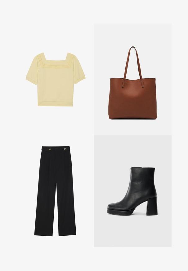 Lühikeste varrukatega, ruudukujulise kaelusega heleda kollase puuvillane topp, mille kaeluse ääres on tekstuuriga kudumine ja mugav lõige.; Mustad laiad püksid kõrge vöökoha ja nööpdetailidega vööandil, esikortsudega.; Must musta ankle boot, milleplokk-konts ja platvormi tallaga, vaadatud küljelt ühetoonilise valge tausta peal.; Pruun nahast tote-kott, millel on sile tekstuur, avatud ülaosa disain ja kaks õlarihma. Omab minimaalset õmblust ja nähtavat riistvara ei ole.