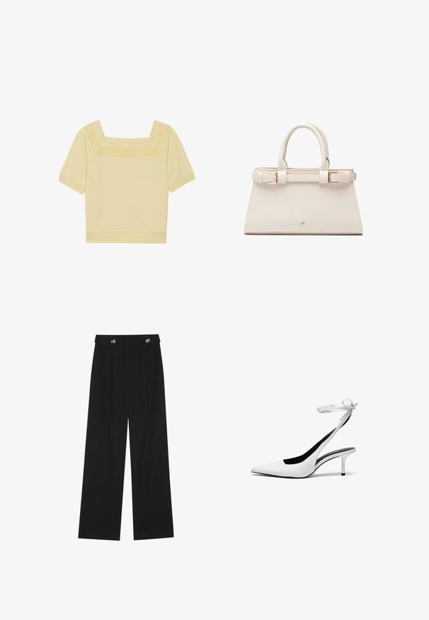 Kortermet topp med firkantet hals i lysegul bomull, med teksturert strikkedetalj langs halsen og en avslappet passform.; Svart vide bukser med høy midje, knappdetaljer på midjebåndet og frontplisser.; Hvite spisse slingback-hæler med tynn ankelrem. Glatt lærmateriale, tynn stiletthæl og svart innvendig foring.; Strukturert handbag i kremfarget kunstlær med gullfarget maskinvare. Har doble hanke på toppen og en spenneaksent foran.