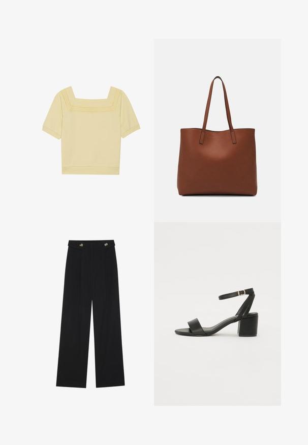 Korte mouw, top met vierkante hals in lichtgele katoen, met een gestructureerd brei-detail langs de halslijn en een relaxte pasvorm.; Zwarte wijde broek met hoge taille, knoopdetails op de tailleband en plooien aan de voorkant.; Zwarte hoge sandaal met een soepel leren bovenkant, een open teen, brede voorkruisbanden en een verstelbare enkelband met een gouden gespdetail.; Bruine leren tote bag met een gladde textuur, een ontwerp met een open bovenkant en twee schouderbanden. Kenmerkt zich door minimale stiksels en geen zichtbare hardware.