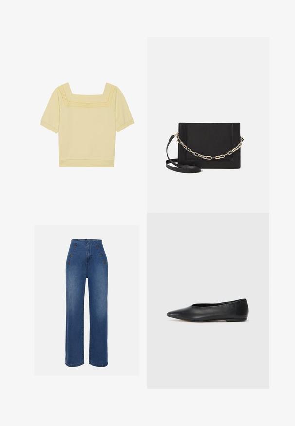 Lühikeste varrukatega, ruudukujulise kaelusega heleda kollase puuvillane topp, mille kaeluse ääres on tekstuuriga kudumine ja mugav lõige.; Keskmise sinise värviga kõrge vöökohaga teksad. Omavad esipoolsete nööbiefekte ja laia jala disaini. Kanga tekstuur on sile ja kerge kulumisega.; Musthave mustris balletkingad, terav nina, minimaliseeritud disain, sile pind, madal konts, ilma nähtava riistvara või kaunistusteta.; Mustast nahast õlakott, mis omab siledat tekstuuri, ristküliku kuju ning esiküljel metallketi detaili. Reguleeritav rihm on kaasas.