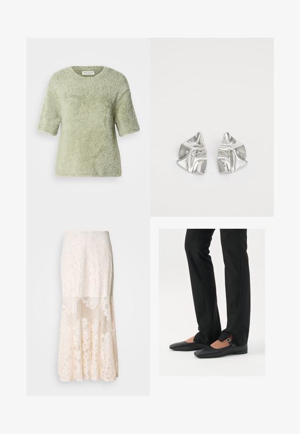 Šviesiai žalia trumpų rankovių pūkuota megztinė. Minkšta tekstūra, apvaliu kaklu, laisva forma, su šiek tiek laisvesne siluetu ir be matomų elementų.; Gėlėta nėriniuota midi sijonas kreminės spalvos; turi sluoksniuotą dizainą su permatomomis dalimis, tekstūruotais nėriniais ir išplatėjusia apatine dalimi.; Juodų odinių balerinų batų su smailiu priekiu, juostele su sidabro sagtimi, derinami su juodomis pritaikytomis kelnėmis, turinčiomis plyšinį hemą.; Sidabriniai metaliniai Auskarai su banginiu, skulptūriniu dizainu, pasižymintys poliruotu paviršiumi ir nereguliariomis formomis, išryškinančiomis šiuolaikišką estetiką.