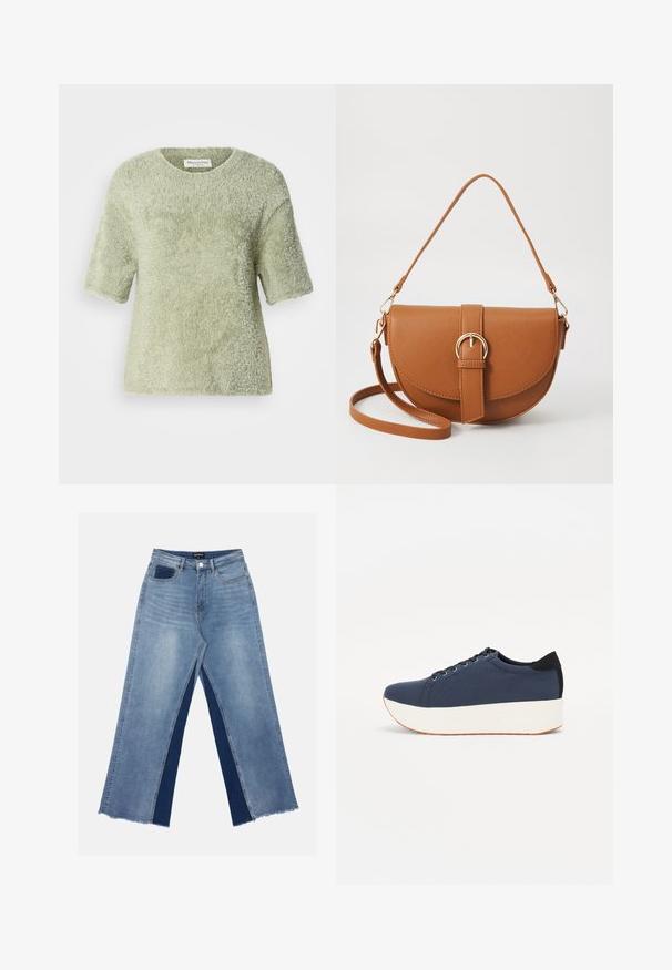 Pull-over à manches courtes, en peluche, de couleur vert clair. Texture douce, col rond, coupe décontractée, avec une silhouette légèrement ample et sans matériel visible.; Jean large bleu clair avec des panneaux contrastants bleu foncé, ourlets effilochés et taille standard avec fermeture à bouton en métal.; Baskets bleu marine avec un upper en tissu texturé, semelle plateforme blanche, bout arrondi et accent noir au talon. Dispose de six œillets pour les lacets.; Sac bandoulière en cuir marron avec une forme incurvée, quincaillerie dorée et un accent en boucle. Comprend une bandoulière détachable.