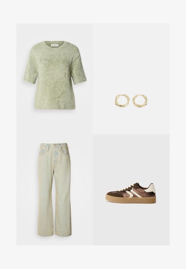 Kortærmet, fluffy pullover i lysegrøn. Blød tekstur, rund hals, afslappet pasform med en let løs silhuet og uden synlig hardware.; Lysblå, brede bukser i denim med høj talje, fem lommer og diskret falmning med kontraststikninger.; Brune og creme sneakers med en kombination af ruskind og satin materialer, der har tre diagonale striber og en struktureret gummisål.; Gul hoop ørestikker med en struktureret, uregelmæssig form. Har en sømløs lukning og en poleret overfladefinish, der fremhæver et moderne design.