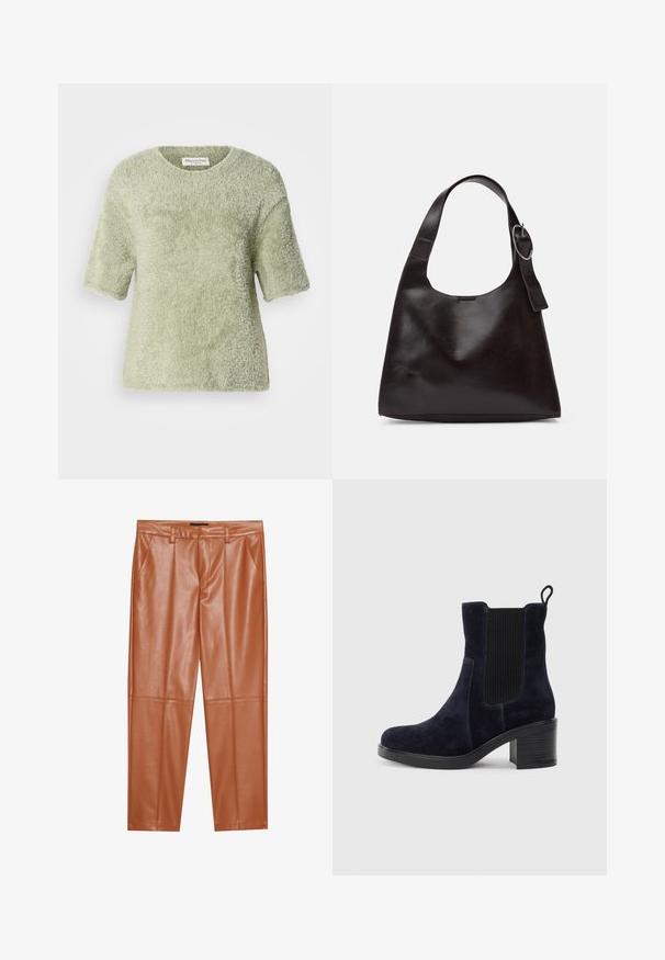 Kortærmet, fluffy pullover i lysegrøn. Blød tekstur, rund hals, afslappet pasform med en let løs silhuet og uden synlig hardware.; Brune faux læderbukser med en skræddersyet pasform, der har frontfolder og lige ben. Glat tekstur uden synligt hardware eller detaljer.; Marineblå ruskindsankelstøvle med elastisk sidepanel, rund tå og blokhæl. Struktureret stof og glat sål giver kontrast.; Brun læder skuldertaske med en glat tekstur, rund form, bred rem og cirkulært metalaccent på håndtaget.