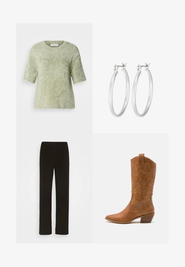 Korte mouwen, zachte pullover in lichtgroen. Zachte textuur, ronde hals, relaxed fit, met een iets losse silhouette en geen zichtbare hardware.; Zwarte, rechte broek van geweven stof, met een platte voorkant, twee zijzakken en een gladde textuur. Geen zichtbare patronen of accenten.; Tan leren cowboylaars met puntige neus, geborduurde spiraalpatronen op de schacht en een gestapelde blokhak. Voorzien van een trekband voor gemakkelijke aan- en uittrekken.; Zilveren oorbellen in de vorm van een gladde, gepolijste ring. Ronde vorm met een veilige kliksluiting. Lichtgewicht ontwerp, geschikt voor dagelijks gebruik.