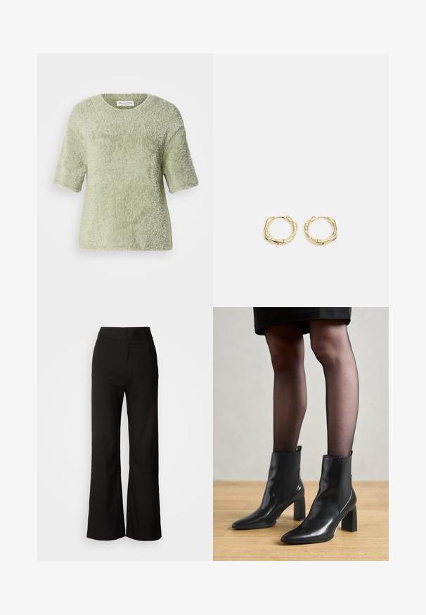 Kortermet, deilig genser i lys grønn. Myk tekstur, rund hals, avslappet passform med en litt løs silhuett og uten synlige detaljer.; Sorte vidde-bukser med glatt tekstur, høy midje og et rent design. Ingen synlige lommer eller pynt.; Sorte ankelstøvler i skinn med spiss tå, chunky firkantet hæl, og slank design. Har elastiske sidede paneler for enkel påføring.; Gullige hoop øreringer med en teksturert, uregelmessig form. Har en sømløs lukking og en polert overflatefinish som fremhever et moderne design.