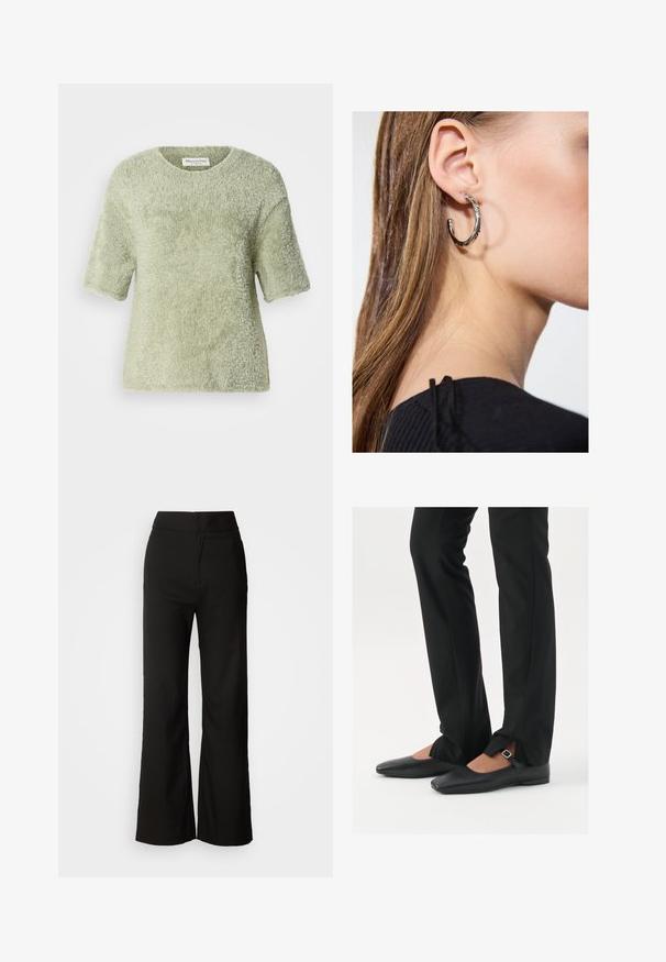 Kortærmet, fluffy pullover i lysegrøn. Blød tekstur, rund hals, afslappet pasform med en let løs silhuet og uden synlig hardware.; Sorte bukser med bred benvidde, glat tekstur, høj talje og et enkelt design. Ingen synlige lommer eller udsmykninger.; Sorte læder balletflade sko med spids tå, rem med sølvspænde, parret med sorte skræddersyede bukser med slids i bunden.; Sølv hoop ørestik med en poleret overflade, prydet med små guld accenter og en rund form, båret på øreflippen.
