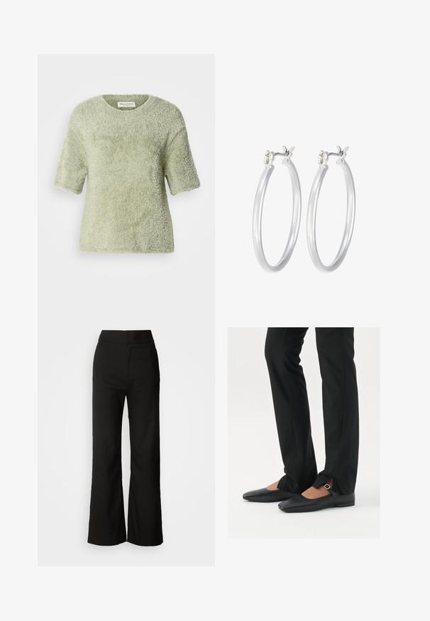 Pullover a maniche corte e peloso di colore verde chiaro. Tessuto morbido, collo a giro, vestibilità rilassata, con una silhouette leggermente ampia e senza hardware visibile.; Pantaloni neri a gamba larga con texture liscia, vita alta e design semplice. Nessuna tasca visibile o decorazioni.; Ballerine in pelle nera con punta appuntita, cinturino con fibbia in argento, abbinate a pantaloni neri su misura con orlo a spacco.; Orecchini a cerchio in argento con una finitura liscia e lucida. Forma rotonda e chiusura a scatto sicura. Design leggero adatto per l'uso quotidiano.