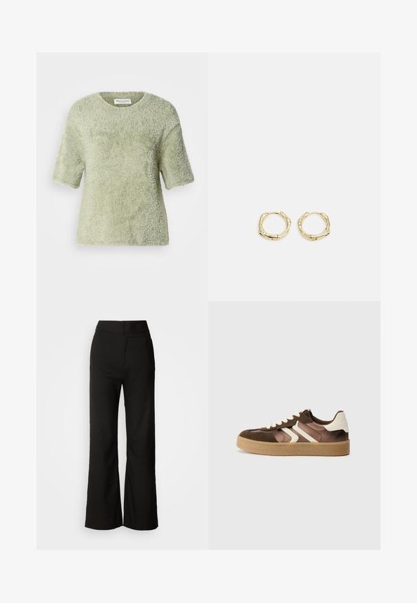 Kortærmet, fluffy pullover i lysegrøn. Blød tekstur, rund hals, afslappet pasform med en let løs silhuet og uden synlig hardware.; Sorte bukser med bred benvidde, glat tekstur, høj talje og et enkelt design. Ingen synlige lommer eller udsmykninger.; Brune og creme sneakers med en kombination af ruskind og satin materialer, der har tre diagonale striber og en struktureret gummisål.; Gul hoop ørestikker med en struktureret, uregelmæssig form. Har en sømløs lukning og en poleret overfladefinish, der fremhæver et moderne design.