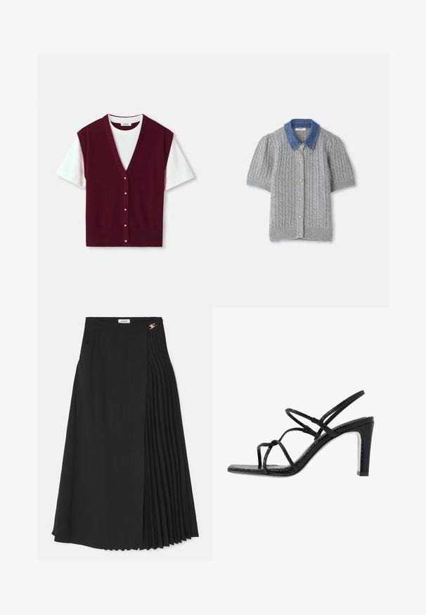 Burgundi värvi kudum vest V-kaelusega, lühikeste valgete varrukatega ja nööpidega esiosaga. Sile tekstuur ribaga ääre ja viie dekoratiivse nööpiga.; Hallide halli lühikeste varrukatega kardigan, millel on keerduv muster, denimist krae ja viis kuldset nööpi esiteljel.; Mustaline seelik, millel on ühel küljel volditud disain, valmistatud kergest kangast, varjatud tõmbluku ja küljetaskutega.; Mustad mustekad jalanõud õhukeste rihmadega, tekstuuritud pinnaga, avatud varba ja libiseva, terava kontsaga disain. Omab sileda sisesooli ja läikivat pinda.