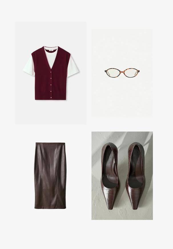 Burgundské pletené vestička s výstřihem do V, krátkými bílými rukávy a zapínáním na knoflíky. Hladký povrch s žebrovaným lemem a pěti dekorativními knoflíky.; Hnědá kožená sukně na tužku se hladkou strukturou, délka po kolena, s vertikálními švy pro design. Žádné další kovové prvky nebo akcenty.; Hnědé lakované lodičky s špičatou špičkou, se strukturou krokodýlí kůže a hladkým interiérem. Navrženo pro elegantní vzhled.; Želvovinové brýle s oválnými čočkami a hladkým, jemným povrchem. Má tenké bočnice s jemným zakřivením v chrámcích. Čiré čočky.