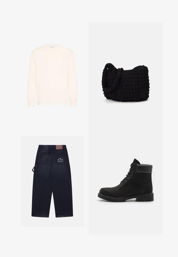 Langarmshirt in off-white katoen met een ronde hals en elastische mouwen, met een minimalistisch ontwerp en een zachte textuur.; Donkerdenim broek met een losse pasvorm. Bevat twee achterzakken, een leren label met logo en een vijf-sterren ontwerp op één zak.; Zwarte enkellaars met vetersluiting, voorzien van een gevoerde kraag en een robuuste zool, weergegeven in profiel tegen een witte achtergrond.; Zwarte stoffen tas met een gestructureerd, gewatteerd patroon. Rondvormig, korte, dikke handvatten en een zachte, flexibele structuur.