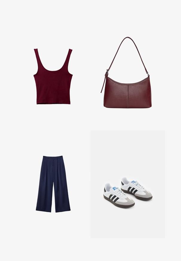 Burgunderfarvet tanktop med brede stropper, en scoop-udskæring og en tætsiddende silhuet. Lavet af blødt, strækbart materiale med en glat tekstur.; Marineblå brede bukser med plyser, knappet talje og bæltestropper, vist fladt på en hvid baggrund.; Sportsko med en overdel i hvid læder, grå ruskind på tåen og tre sorte striber. Har et blåt logo på tungen og en struktureret gummisål.; Kastanjebrun læderhåndtaske med en buet form, en enkelt skulderrem og syninger i midten. Glat tekstur, minimal hardware.