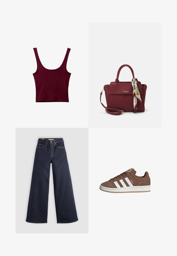 Top in borgogna con spalline larghe, scollatura a girocollo e silhouette attillata. Realizzato in un materiale morbido e elasticizzato con una superficie liscia.; Jeans in denim a gamba larga di colore blu scuro con cuciture a contrasto. Caratterizzati da un design tradizionale a cinque tasche e chiusura a bottone in vita.; Sneakers in suede marrone con strisce in pelle bianca, suola in gomma, punta rotonda e lacci. Presentano un logo sulla linguetta e dettagli perforati.; Borsa borgogna realizzata in materiale sintetico con un design strutturato, dotata di tracolla removibile e un foulard a motivi floreali legato al manico.