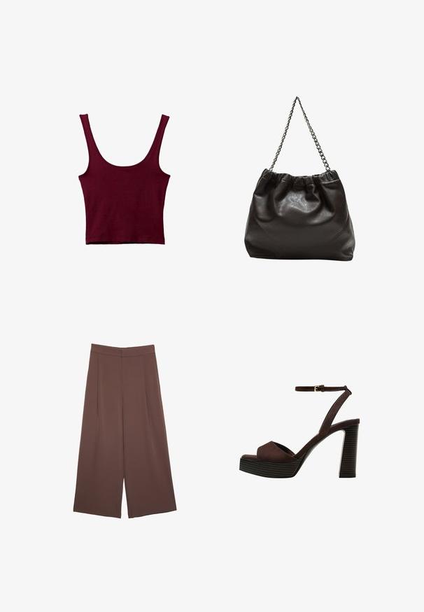 Burgunderfarbene Tanktop mit breiten Trägern, einem U-Boot-Ausschnitt und einer schmalen Silhouette. Hergestellt aus weichem, dehnbarem Material mit glatter Textur.; Braune Weite-Leg-Hosen mit einer glatten Textur, hoher Taille und Vorderfalten. Der Stoff ist leicht und fällt locker.; Braune Wildleder-Pumps mit offenem Zeh, verstellbarem Knöchelriemen und gestreiftem Plateausohlen.; Braune Lederhandtasche mit gerafftem Oberteil und Kettenriemen. Glatte Textur mit glänzendem Finish und subtilen Nahtdetails an den Seiten.