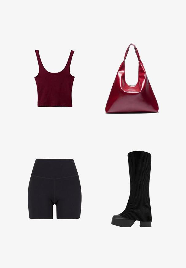 Burgundska majica brez rokavov širokimi naramnicami, z oblikovanim dekoltejem in prilagojeno silhueto. Narejena iz mehkega, raztegljivega materiala z gladko teksturo.; Črne kratke hlače z visokim pasom, izdelane iz raztegljive tkanine. Imajo elastiko v pasu, gladko teksturo in dolžino do sredine stegen z brezšivnim dizajnom.; Črne škornje do kolen z raščlenjeno zgornjo plastjo iz blaga, debelim platformskim podplatom in blok peto, ki ima gladko teksturo in eleganten, sodoben dizajn.; Rdeča sijoča usnjena torbica v trikotni obliki, širokim vrhnjim odprtjem in enim ukrivljenim ročajem. Gladka textura z minimalnimi šivi.