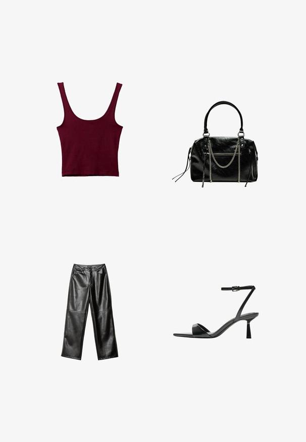 Top in borgogna con spalline larghe, scollatura a girocollo e silhouette attillata. Realizzato in un materiale morbido e elasticizzato con una superficie liscia.; Pantaloni ampi in pelle nera con una superficie liscia, design a cinque tasche e dettagli cuciti lungo le gambe e la vita.; Bershka Sandali con tacco - black; Bershka WITH CHAIN - Borsa a mano - black