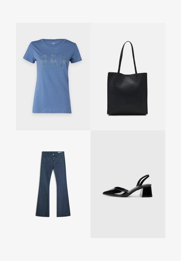 Blue cotton T-shirt featuring a round neckline and short sleeves, with a prominent "GAP" logo in a textured design across the front.; Dark blue flared denim jeans with stitched pockets, a button closure, and a smooth texture. Features a classic five-pocket design.; Black patent leather slingback heels with a pointed toe and a geometric block heel. Features a sleek, minimal design and smooth texture.; Black leather tote bag with smooth texture, rectangular shape, and two long handles. No visible hardware or embellishments.