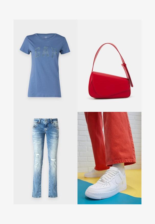Blauw katoenen T-shirt met een ronde halslijn en korte mouwen, met een opvallend "GAP"-logo in een textuurdesign over de voorkant.; Lichtblauwe denim jeans met een relaxte pasvorm, voorzien van versleten details, een knopenfly met twee knopen en rechte pijpen.; Witte leren sneaker met geperforeerde teenbox, gestructureerde zool en witte veters, gecombineerd met wijde rode broeken en een blauw-geel achtergrond.; Rode leren handtas met een hoekig, geometrisch ontwerp. Beschikt over een enkele verstelbare schouderriem en een klepclosure met gestikte details.