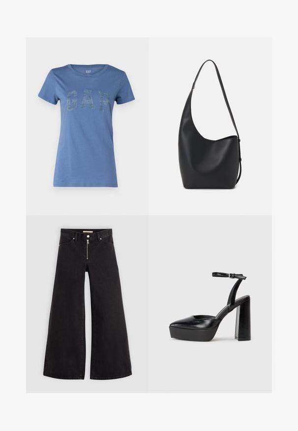Blå bomulds T-shirt med rund halsudskæring og korte ærmer, prydet med et iøjnefaldende "GAP" logo i en struktureret design over fronten.; Vide ben jeans i sort denim med lynlås foran, fem lomme-design og subtile stikninger. Glat tekstur og afslappet stil.; Sorte platformhæle med spidse tæer og justerbar ankelrem. Construeret i glat læder, med en kraftig blokhæl.; Sort læder hobo taske med en glat overflade, buet form og en enkelt justerbar rem; har en bred åbning øverst.