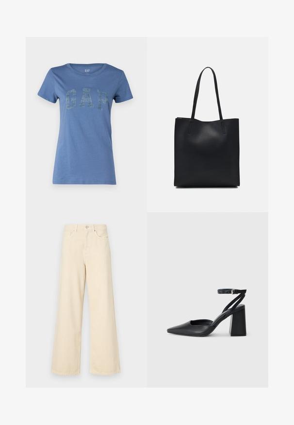Mėlynas medvilnės marškinėlis su apvaliu iškirpimu ir trumpomis rankovėmis, ant priekio išryškintas tekstūruotas „GAP“ logotipas.; Bežinės plačios kojos džinsai, pagaminti iš medvilnės. Turintys sagos uždarymą, diržo kilpas ir priekinės kišenes su lygia, švelnia tekstūra.; Juoda odinė smailiagalė aukštakulnio bateliai su kulkšnies dirželiu ir storu kulnu. Lygus paviršius, elegantiškas dizainas ir minimalistiška estetinė. ; Juodas odinis tote krepšys su lygia tekstūra, stačiakampio formos ir dviem ilgais rankenomis. Matomų metalinių detalių ar puošybos nėra.