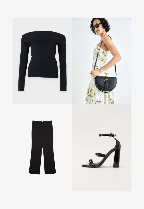 Sort off-the-shoulder langærmet top lavet af et blødt, glat stof; tætsiddende form med en bred halsudskæring og et enkelt design.; Sorte bukser med lige pasform, der har frontlommer og slidser i kanten. Lavet af blødt, glat stof. Velegnet til forskellige anledninger.; Sorte patenterede hælsandaler med firkantet tå, ankelremme og sølvspænder. Har en chunky blokHæl for stabilitet.; Sort læderhåndtaske med en buet form, aftagelig rem og guldfinish. Tasken har en klap med en spænde detalje.