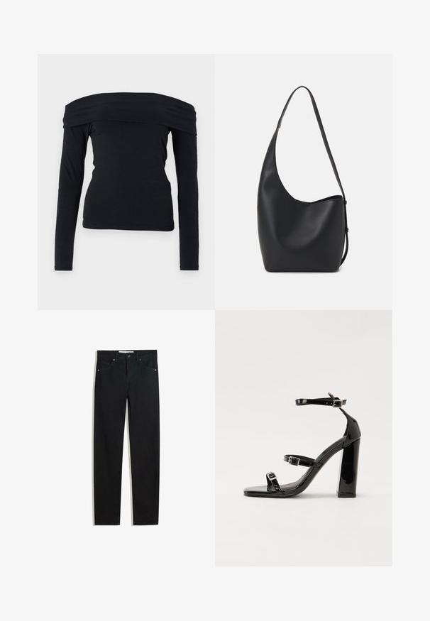 Black off-the-shoulder long-sleeve top made of a soft, smooth fabric; fitted shape with a wide neckline and a simple design.; Black denim pants with a straight leg design, five pockets, metal button closure, and subtle stitching details. Smooth texture.; Black patent heeled sandals with a square toe, ankle straps, and silver buckles. Features a chunky block heel for stability.; Black leather hobo bag with a smooth texture, curved shape, and single adjustable strap; features a wide opening at the top.