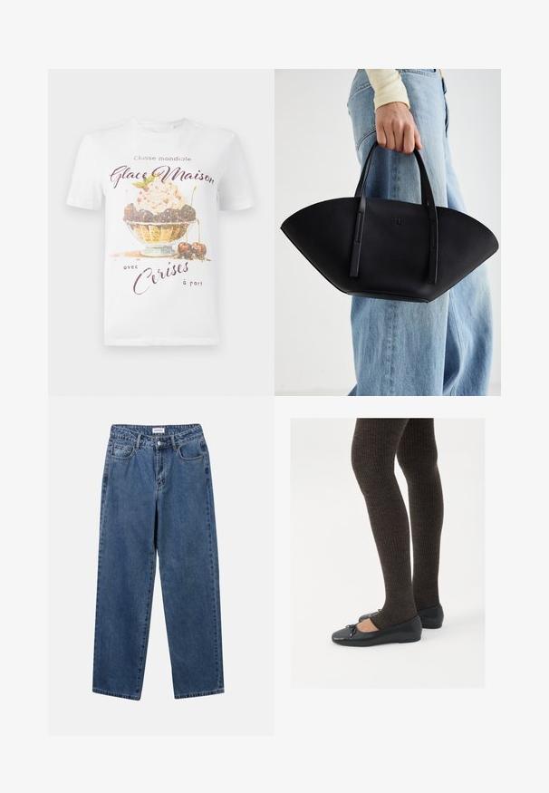 Camiseta de algodón blanca con un gráfico colorido de un tazón de helado con cerezas y texto en acentos púrpura y dorado. Mangas cortas y cuello redondo.; Jeans de mezclilla azul clásico con un diseño de pierna recta, cinco bolsillos y cierre de botón. Presenta un lavado medio y una textura resistente.; Zapatos planos negros con un pequeño lazo en la punta, combinados con medias de punto en marrón oscuro. Los zapatos tienen una textura suave y un perfil bajo.; Bolso de mano de cuero negro con una forma de abanico única, que cuenta con asas planas. La superficie tiene una textura de grano y un diseño minimalista.
