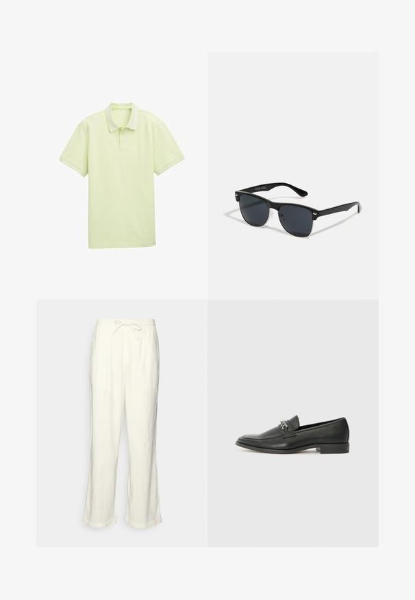 Heled roheline polo särk, lühikeste varrukatega, pehme kangas, kahe nööbiga pihaku, valged triibud kaeluses ja varruka servades. Lihtne logo ees.; Lina püksid tühjas valges, millel on paelaga vöökoht, veidi laiemad sääred ja keeratud varrud mugavaks istumiseks. Taskud puuduvad.; Must haveate nahkking punased, millel on sile viimistlus, tikitud muster ja dekoratiivne metallkett vampi üle. Tasane konts.; Mustad mustmikrooni kujuga mustad prillid, tumedate klaasidega, hõbedased detailid templite juures ja mati viimistlusega raam.