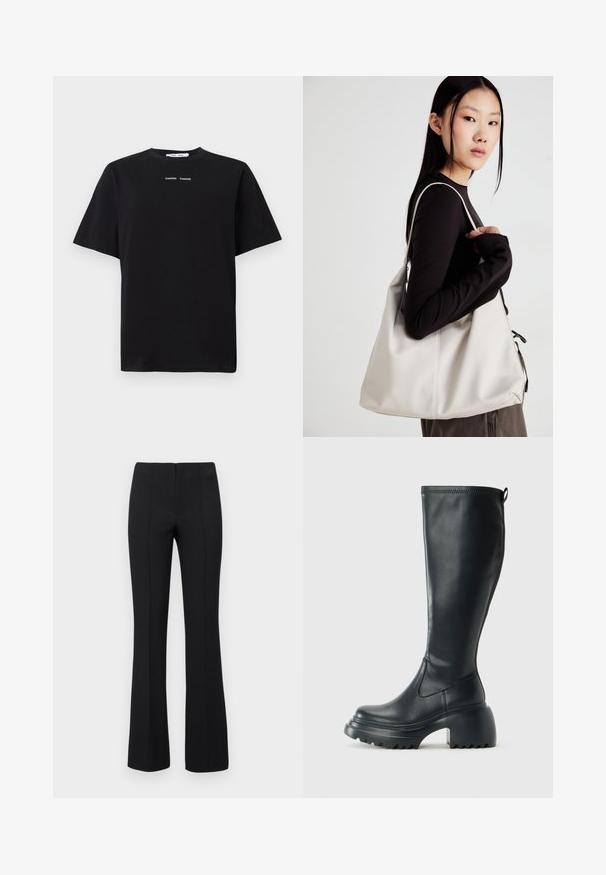 Juoda trumpa rankovė t-marškiniai, pagaminti iš medvilnės, su apvaliu kaklu ir dviem mažais baltais logotipais, esančiais centre priekyje. Lygus paviršius.; Juodos plačios kelnės su rausvos tekstūros ir prigludusia juosmens dalimi. Dizainas apima vertikalius siūlus, kad atrodytų elegantiškai. Nėra matomų detalių.; Ilgas juodos odinės batai su masyvi platforma ir stačiakampiu kulnu, turintys traukimo kilpą ir tekstūruotą pado raštą.; Bežinė rankinė, pagaminta iš minkštos medžiagos, turinti laisvą dizainą, siuvinėtas detalės ir dvi petnešos. Tinkama kasdieniam naudojimui.