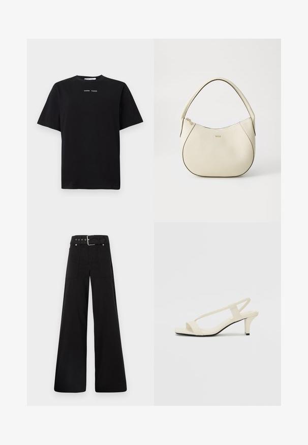 Camiseta negra de manga corta hecha de algodón, con cuello redondo y dos pequeños logotipos blancos centrados en la parte delantera. Textura suave.; Pantalones de pierna ancha negros, hechos de algodón, con cintura alta, grandes bolsillos laterales y una cintura ceñida con un cinturón que presenta acentos de metal plateado.; Sandalias de tacón cuadrado en color beige con tiras delgadas y punta cuadrada. Material suave con un diseño minimalista, diseñado para facilitar su uso.; Bolso color crema con acabado texturizado, forma curvada, asa corta y detalle del logotipo en tono dorado. Cierre con cremallera en la parte superior.