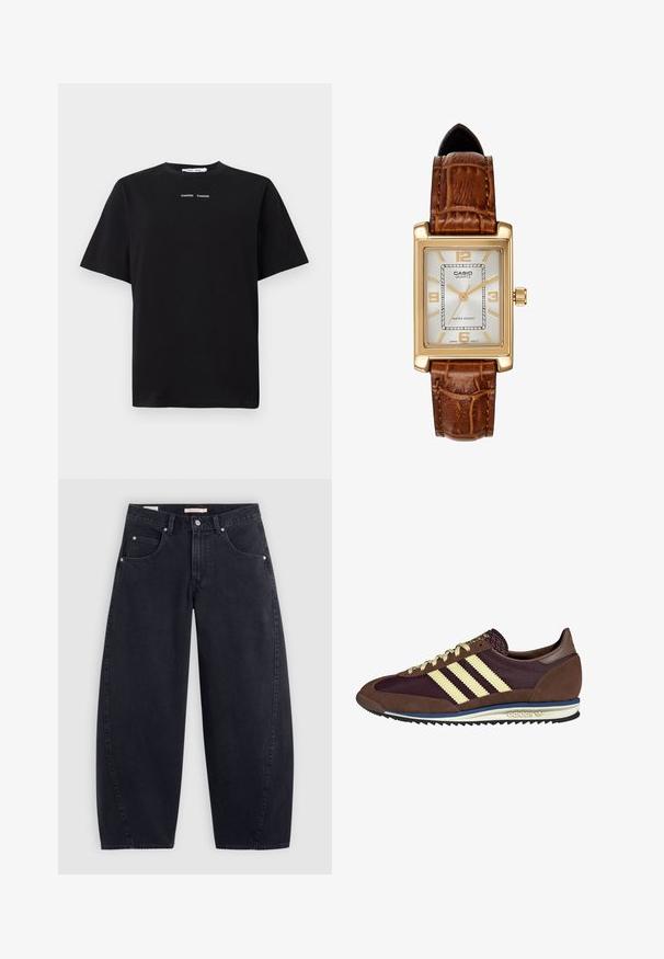 Svart kortermet t-skjorte laget av bomull, med rund hals og to små hvite logoer sentrert på forsiden. Glatt tekstur.; Sorte denim vidde-bukser med høy midje, to frontlommer og sølvfargete detaljer. Glatt tekstur, minimale sømmer og rett snitt.; Brune og burgunder sneakers i semsket og mesh-materiale, med tre kremfargede striper, teksturert stoff på tungen, og en gummisåle.; Casio kvartsur med rektangulært gullfarget hus, hvit urskive, gull timeindikatorer og brun lærrem med krokodillemønster. Vanntett.