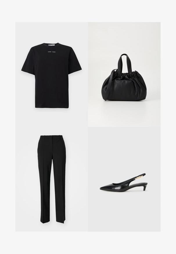 Schwarzes T-Shirt mit kurzen Ärmeln aus Baumwolle, mit Rundhalsausschnitt und zwei kleinen weißen Logos, die in der Mitte auf der Vorderseite platziert sind. Glatte Textur.; Schwarze, taillierte Hose mit geradem Bein, aus einem glatten Stoff und mit klaren Falten an der Vorderseite. Keine sichtbare Hardware.; Schwarze Leder-Slingback-Pumps mit spitzem Schuhblatt, ausgestattet mit einem schlanken Absatz und einem goldfarbigen Akzent am verstellbaren Riemen. Glatte Textur.; Schwarze Lederhandtasche mit einem gerafften Oberteil, ausgestattet mit zwei kurzen Griffen und einem langen verstellbaren Schulterriemen. Glatte Textur, runde Form.