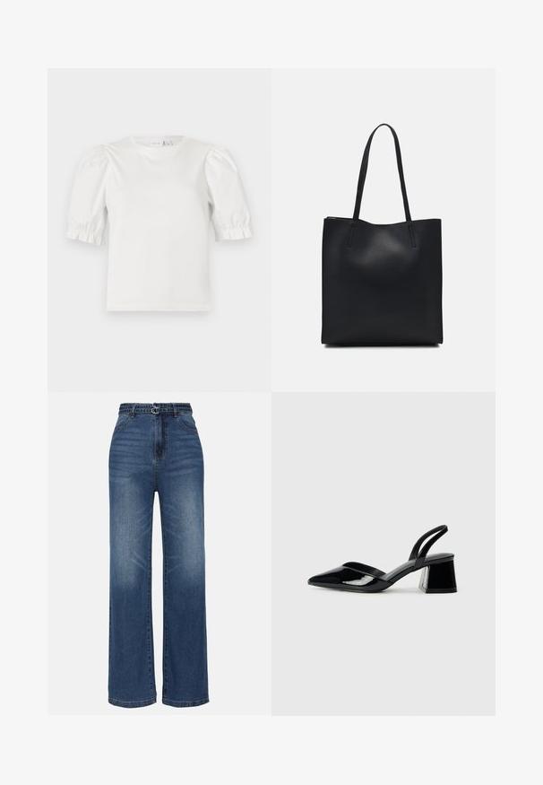 T-shirt branca feita de algodão macio, com mangas curtas e bufantes com detalhes franzidos e um clássico decote redondo.; Jeans de ganga azul de perna larga com uma cintura alta, apresentando dois detalhes de fivela em metal, desbotamento subtil e design padrão de cinco bolsos.; Sandy em verniz preto com salto slingback, ponta afilada e salto geométrico. Apresenta um design elegante e minimalista com textura suave.; Bolsa tote preta em couro com textura lisa, forma retangular e duas alças longas. Sem hardware ou enfeites visíveis.