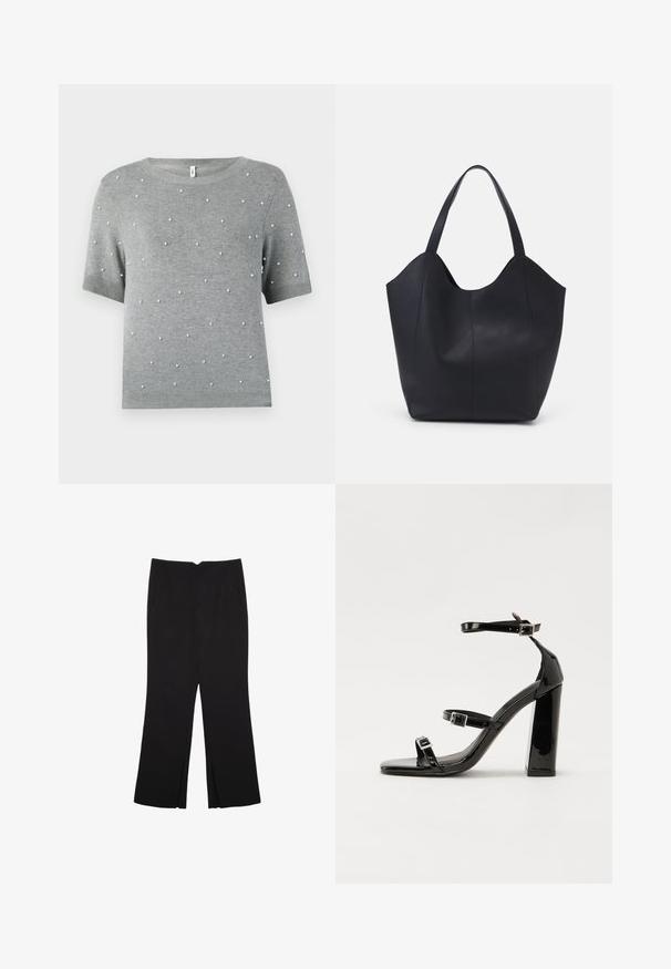 Maglione grigio a maniche corte con collo rotondo e dettagli sporadici in perle bianche. Morbida trama lavorata a maglia con orlo e maniche a costine.; Pantaloni neri a gamba dritta, con tasche frontali e spacchi laterali all'orlo. Realizzati in tessuto morbido e liscio. Adatti a diverse occasioni.; Sandali con tacco in vernice nera, con punta squadrata, cinturini alla caviglia e fibbie in argento. Presentano un tacco a blocco spesso per maggiore stabilità.; Borsa tote nera realizzata in pelle liscia, con una parte superiore curva e aperta, dotata di due manici per spalla e un design minimalista.