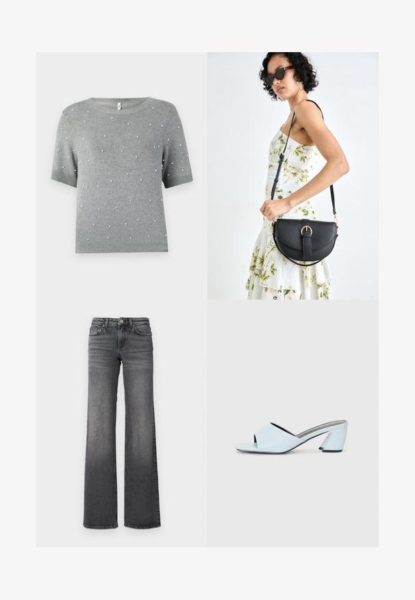 Gray short-sleeve sweater featuring a crew neck and scattered white pearl-like accents. Soft knit texture with ribbed hem and sleeves.; Straight-leg dark gray denim jeans with slight fading on thighs and standard five-pocket design against a white background.; Light blue open-toe heeled mules with a geometric design, featuring a wide strap across the foot and a chunky, angular heel.; Black leather handbag with a curved shape, detachable strap, and gold hardware. The bag features a flap with a buckle detail.