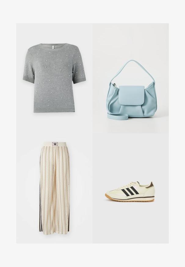 Suéter cinza de manga curta com decote redondo e detalhes de pérolas brancas dispersas. Textura de malha suave com bainha e mangas caneladas.; Calças largas de cor creme com um padrão em zigzag, apresentando uma cintura com logotipo preto e riscas laterais pretas. Tecido leve e texturizado.; Ténis branco com riscas pretas, parte superior em couro, sola de borracha e detalhes em castanho claro. Apresenta um design clássico com atacadores e língua texturada.; Bolsa de mão de couro azul claro com alça superior, bolso frontal com aba e alça de pulso destacável, em fundo branco.